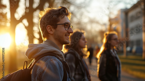 Snapshot of Campus Life: Students Engaging in Animated Conversations on University Grounds, Radiating Smiles and Vibrancy Under the Sun, Embracing the Joyous Spirit of Learning Community