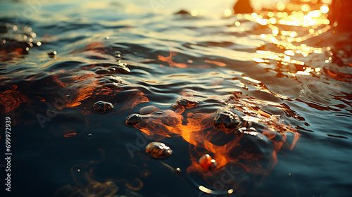 Oil spill on the surface of the water in the rays of the setting sun