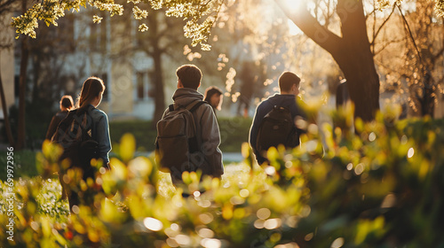 Snapshot of University Campus Life: Students Heading to Classes on a Sunny Morning, Embracing the Vibrancy of the Day and Eager for Learning photo