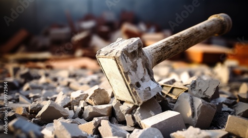 Heavy hammer lies beside broken light gray bricks.