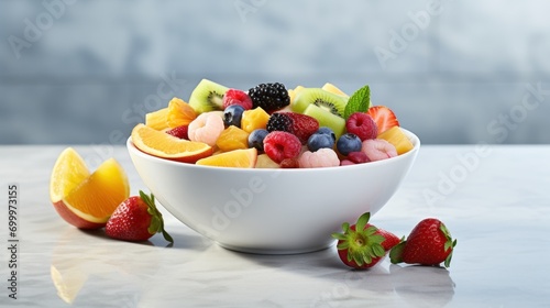  Colorful medley of fruit pieces fills  simple white bowl on  concrete table.
