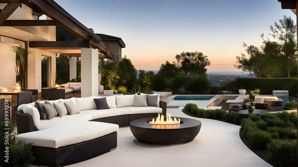 The landscaped outdoor terrace of an upscale residence, highlighting the comfortable seating, stylish outdoor furnishings, and breathtaking views that make it a perfect retreat.






