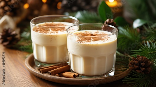 Frothy eggnog in glass mugs adorned with cinnamon sticks for festive treat.