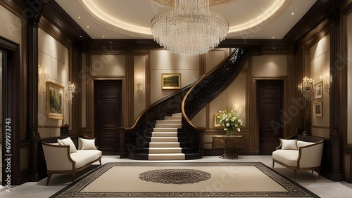 the grand entrance hall of a mansion, portraying the extravagant staircase, exquisite chandeliers, and tasteful artwork that make a lasting impression.

