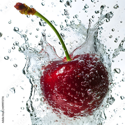 drink splash with cherry, water splash and fruit beverage with cherry, Realistic flow of refreshment