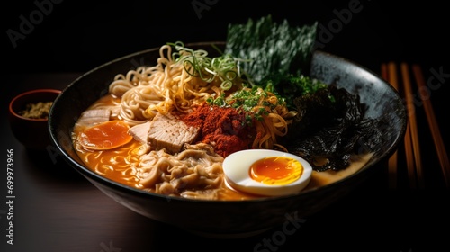 Colorful Bowl of Ramen with Contrasting Colors and Textures  a Flavorful Japanese Delight