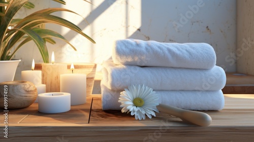  Bathroom scene with towels and wooden brushes promotes serenity.