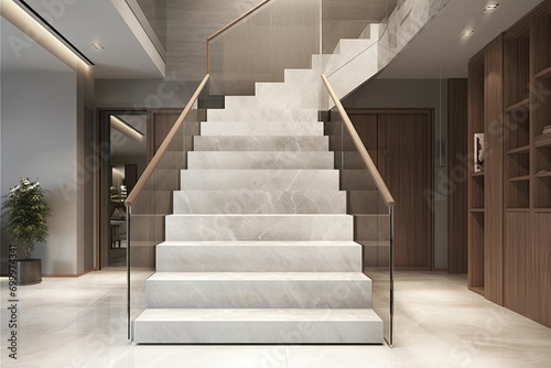 3d background design interior house floor wall marble elegant stair room storage handrail wood balustrades panel glass tempered staircase marble white shape u luxury modern