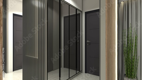 Modern hallway storage cabinet design with mirror door frame and wall panel decoration. © Febry