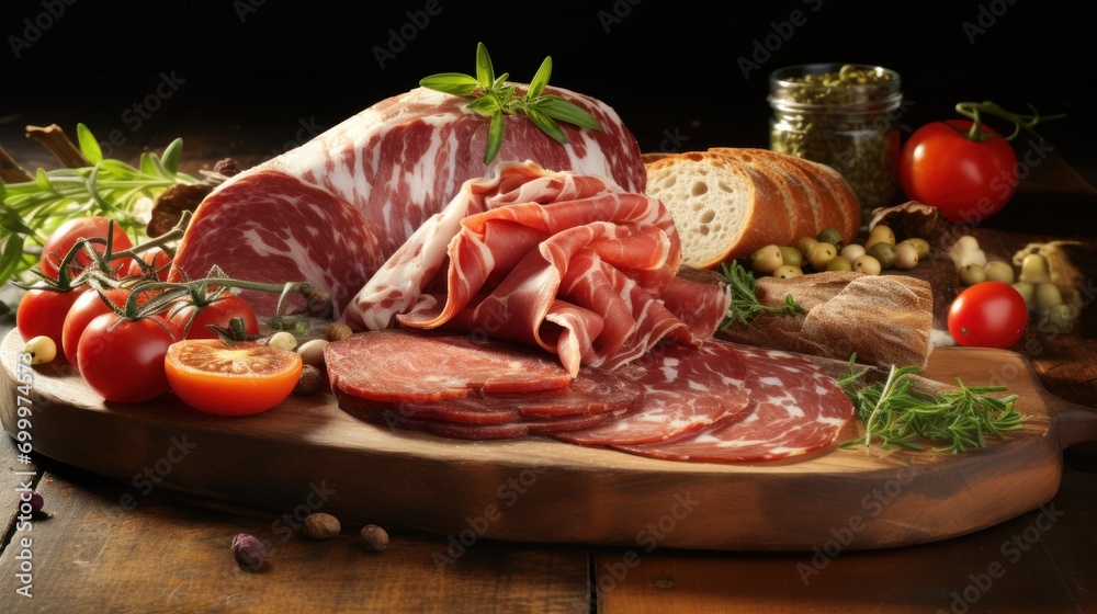 Wooden board laden with sliced cured meats and crusty bread against  pristine white table.