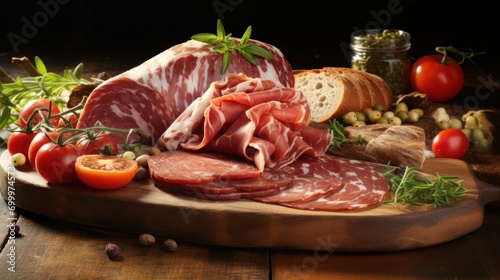Wooden board laden with sliced cured meats and crusty bread against pristine white table.
