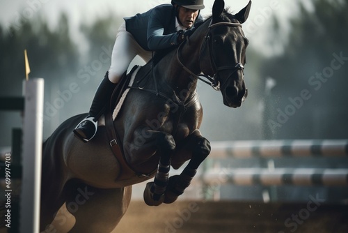 Equestrian competition with horse jumping over obstacles. Generative AI