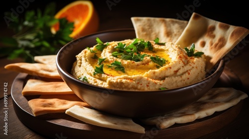 Wooden bowl of hummus served with warm pit bread. photo