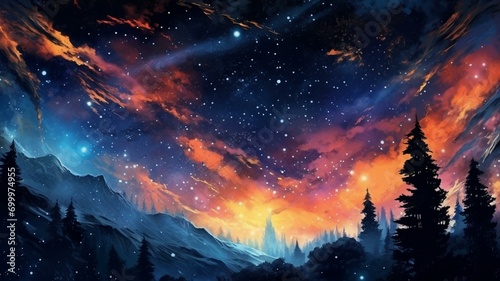 Painterly Mountain Forest Galaxy Sky Warm Winter Background photo