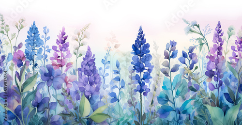 Colorful meadow and garden spring flowers background isolated on white. Summer love and romance lavender bellflowers blue, pink, purple banner for copy space, web, mobile by Vita photo