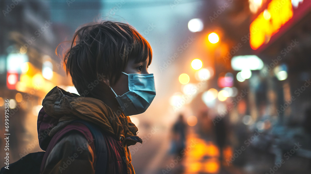 Children wearing masks in a city filled with PM2.5 dust generative ai