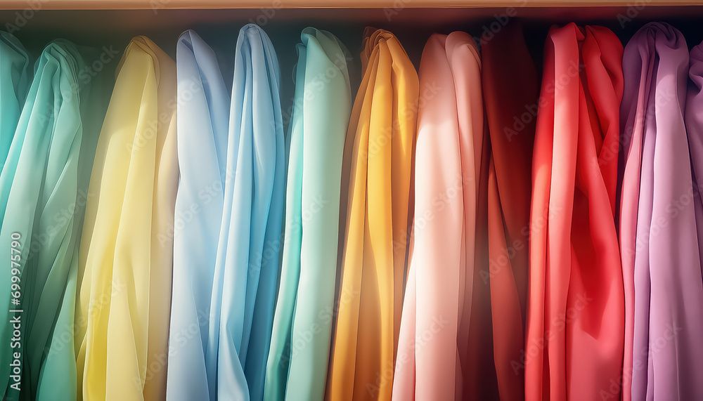 Stack of folded clothes in bright colors in closet
