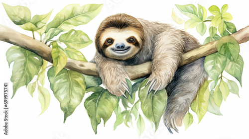 Sloth Watercolor, Sloth paint, Tropical animal, Cute sloth holding on to a branch. AI Generative
