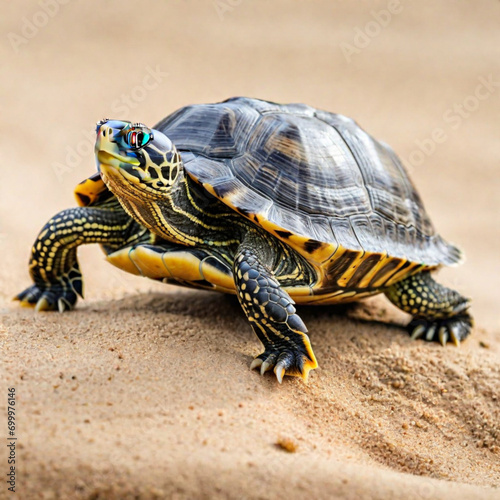 A sea turtle alone on a solid color background, animal, ecological environment