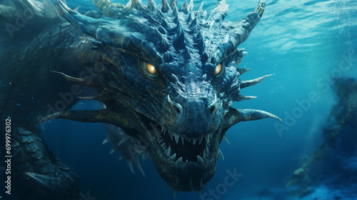Water Dragon. Sea Monster in blue water. Blue Fantasy dragon in the ocean. AI Generative photo