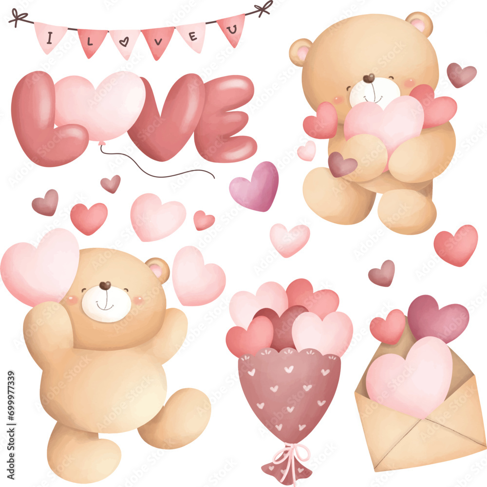 Watercolor Illustration set of Valentine Teddy Bear and love elements