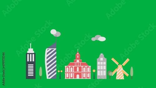 4K Infographic of Amsterdam city map navigation icon, motion graphics with green screen chroma key background