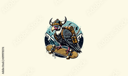 vulture wearing hat viking and backpack vector artwork design