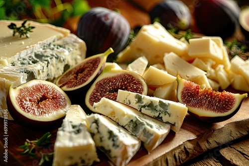Fig and Cheese Gourmet Pairing An Elegant and Appetizing Background ideal for a Gourmet Food Theme - Cheese Fig Food Backdrop for Advertising created with Generative AI Technology
