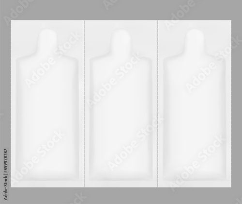Sachet bag set mockup. Vector illustration isolated on grey background. Flat lay view. Can be use for template your design, presentation, promo, ad. EPS10.