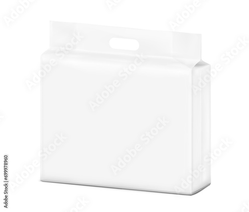Realistic stand bag with hole handle mockup. Half side view. Vector illustration isolated on white background. Ready for your design. Suite for the presentation of diaper, foods, wet wipes. EPS10.
