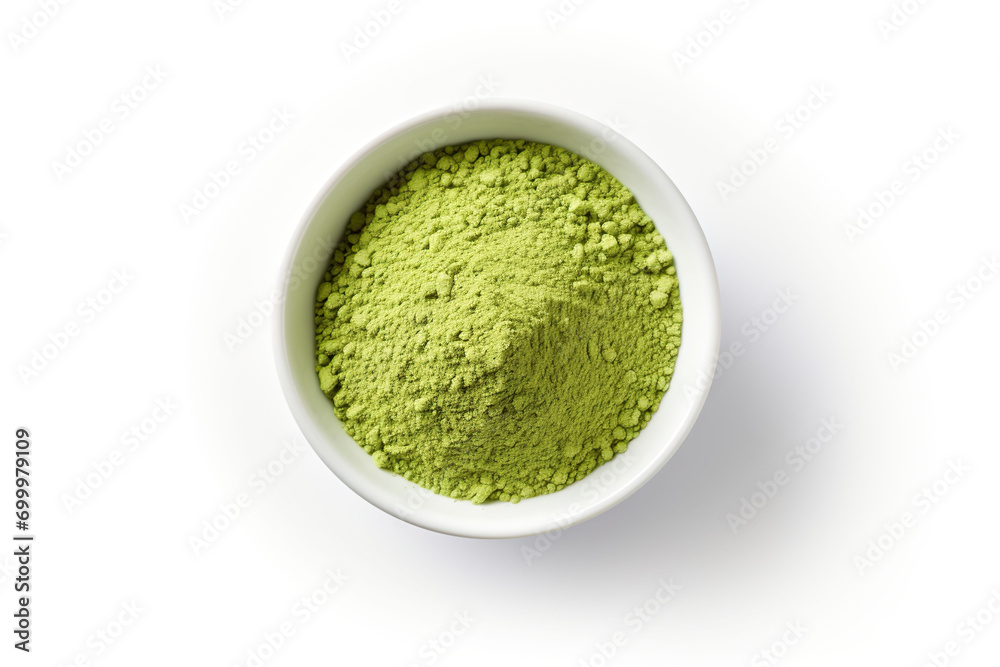 Matcha green tea powder in a bowl isolated on a white background.