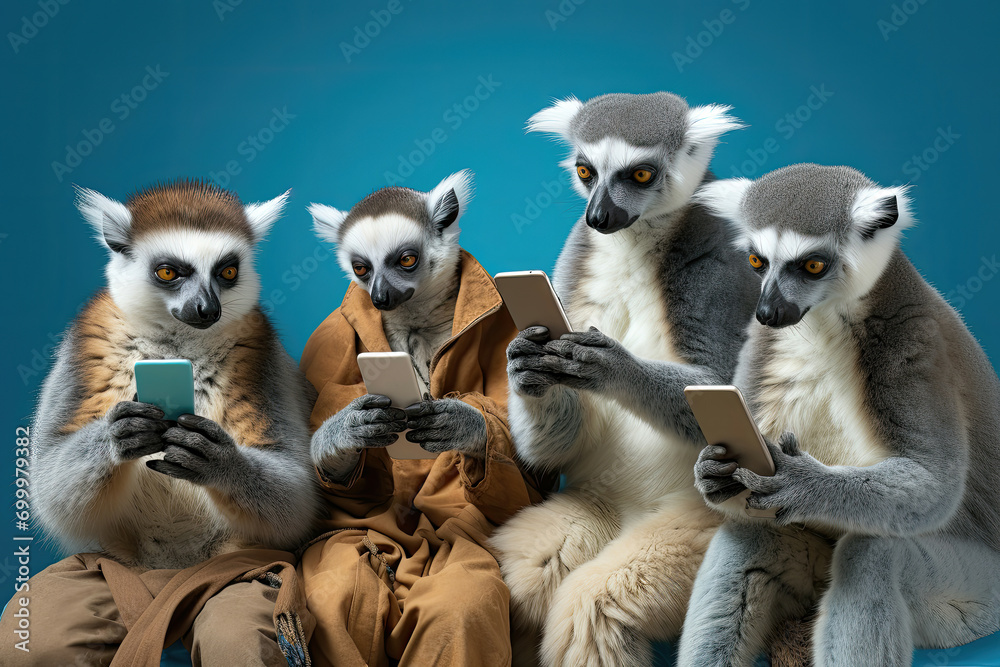 Lemurs with smartphones, a humorous take on modern connectivity in the animal kingdom Lemurs with smartphones, a humorous take on modern connectivity in the animal kingdom