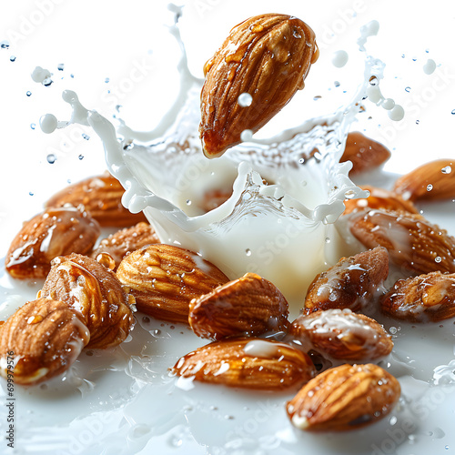 drink splash with almond,, milk splash and almond , Realistic flow of refreshment.   © Marut