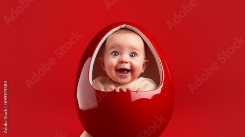 16:9 or 9:16 Photo of a cute baby wearing a eggs costume is happily playing with Easter eggs.for backgrounds screens greeting card or other High quality printing projects.