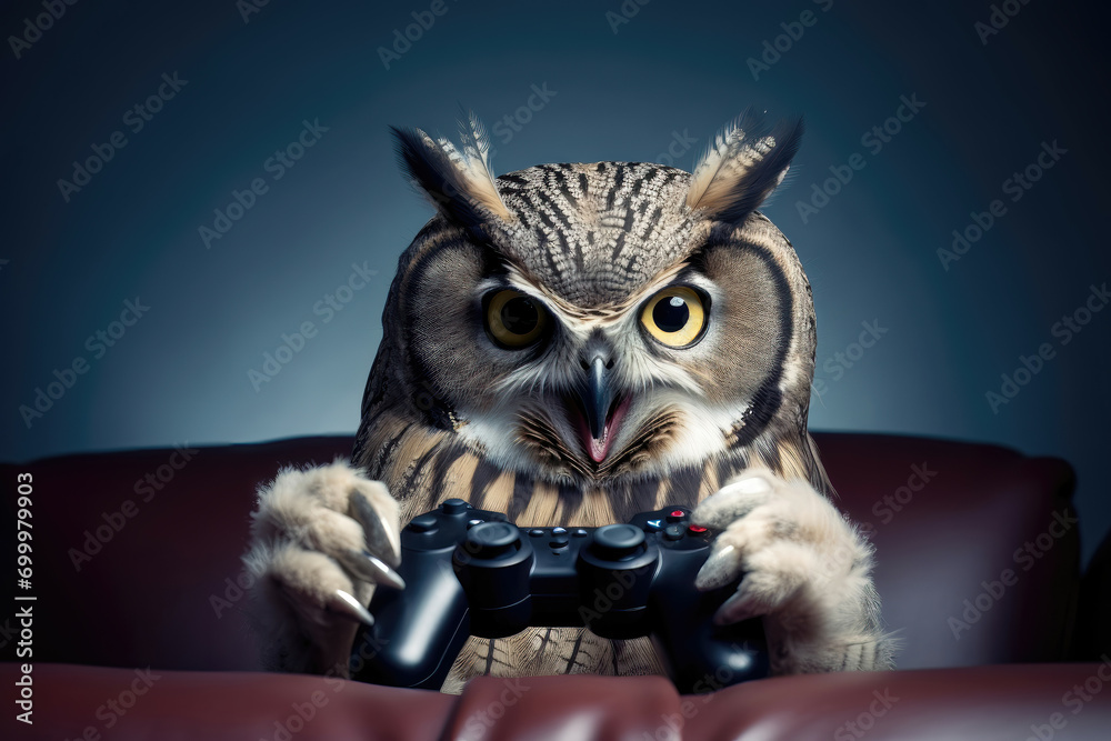 An owl engaged in gaming, intense and focused with a controller in hand An owl engaged in gaming, intense and focused with a controller in hand