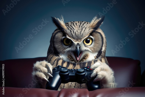 An owl engaged in gaming, intense and focused with a controller in hand