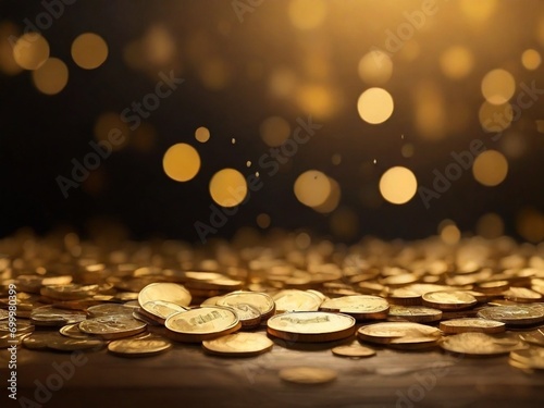 gold coins falling with pile of gold coins gold abstrack background and bokeh with Generative AI Techonology photo