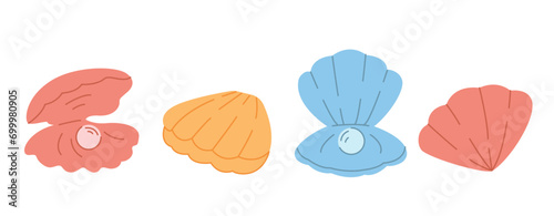 Colorful pearl shells collection on white background. Open and closed seashells set 