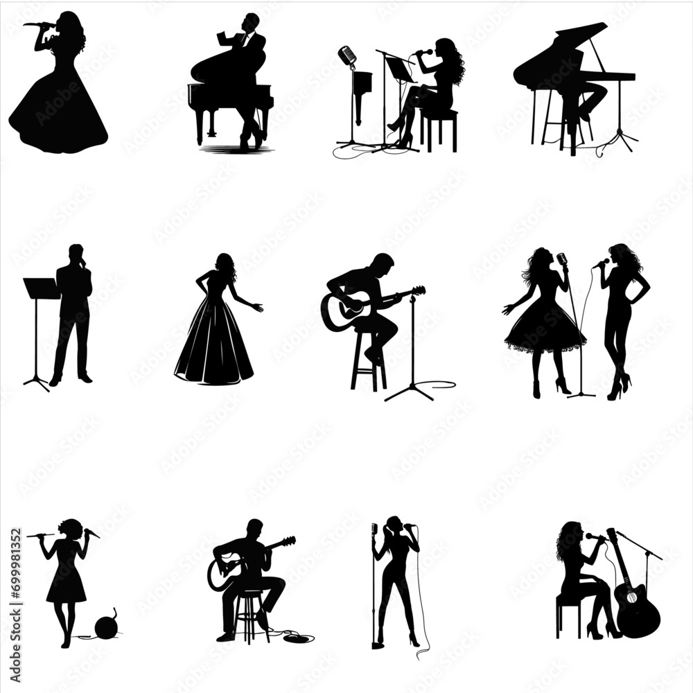 Singer Silhouette , Silhouettes of a male singer performing with different enthusiastic gestures ,    Singer male and female silhouette