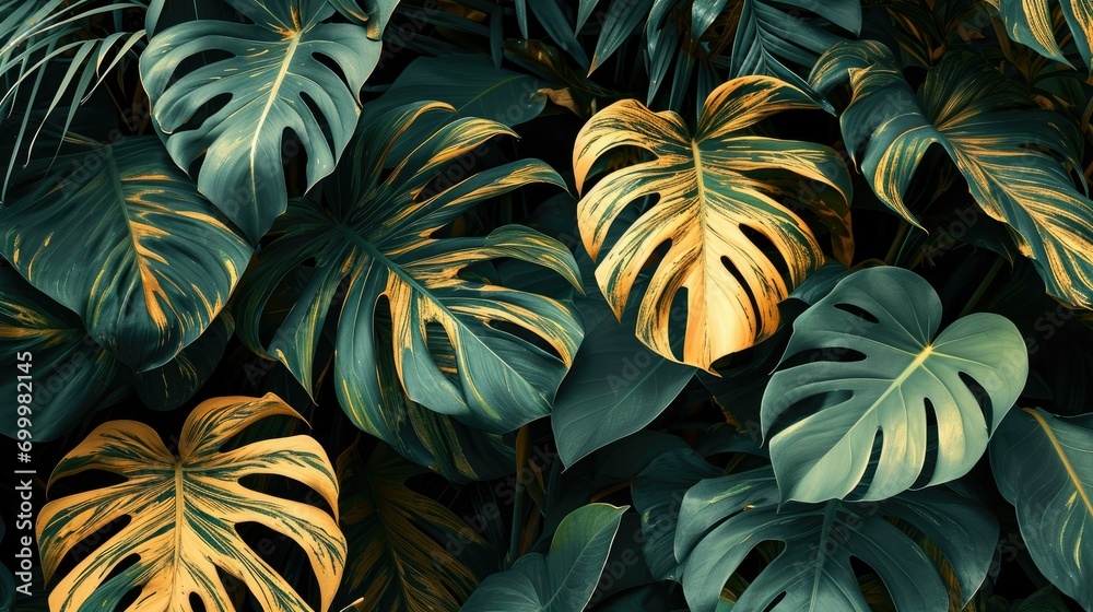 Nature and abstract texture, green gold monstera leaves background, tropical leaves Nature and abstract texture, green gold monstera leaves background, tropical leaves