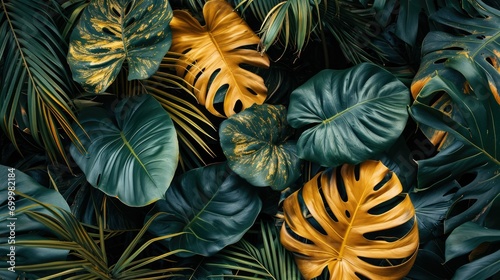 Green gold tropical leaves backdrop, background of monstera leaves, nature and abstract texture