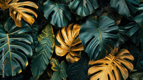 Green gold tropical leaves backdrop, background of monstera leaves, nature and abstract texture