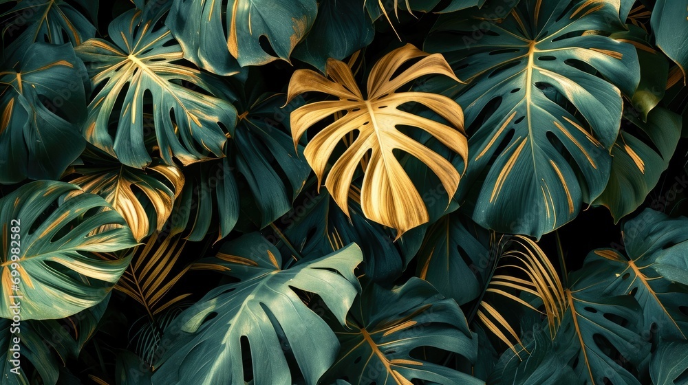 Green gold monstera leaves background, nature and abstract texture, tropical leaves - obrazy, fototapety, plakaty 