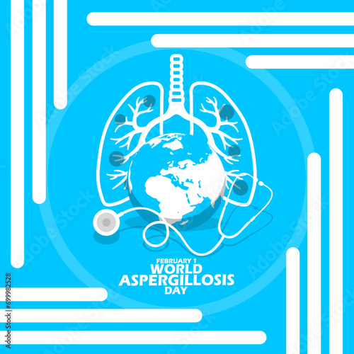 World Aspergillosis Day event banner. Illustration of a lung affected by fungus with an earth icon, stethoscope and bold text on light blue background to commemorate on February 1