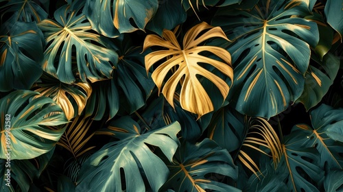 Green gold monstera leaves background, nature and abstract texture, tropical leaves