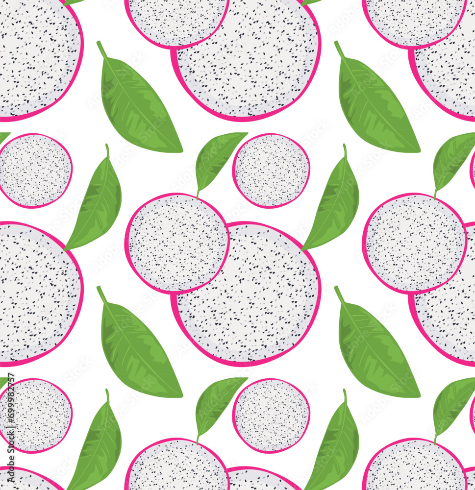 Round slices of dragon fruit with pulp and seeds on a background of leaves (pitaya). Realistic image of tropical fruits. Seamless pattern in vector. Suitable for backgrounds and prints. Round slices of dragon fruit with pulp and seeds on a background of leaves (pitaya). Realistic image of tropical fruits. Seamless pattern in vector. Suitable for backgrounds and prints.