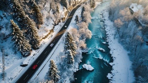 Aerial top view of winter snowy road with red cars over blue river. © sirisakboakaew