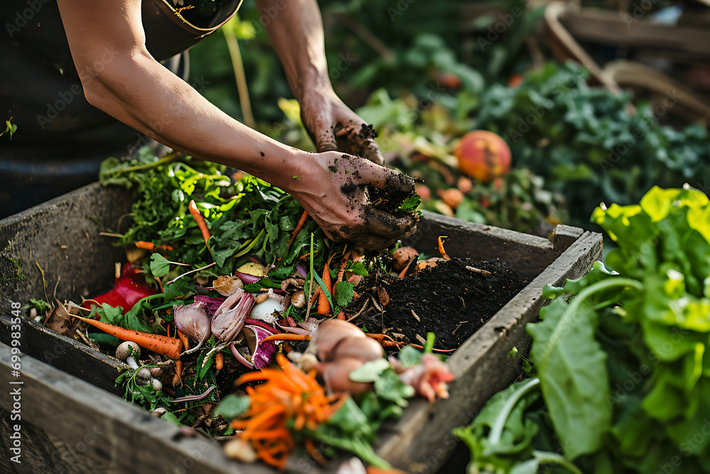 Hands Tending to Composting Food Waste in a Backyard Compost Bin