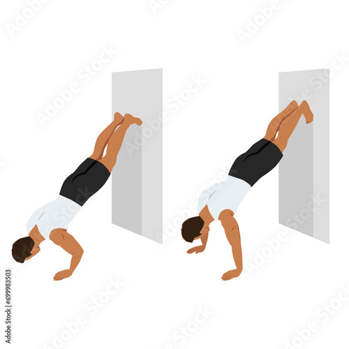 Man doing inverted wall push up exercise. Flat vector illustration isolated on white background