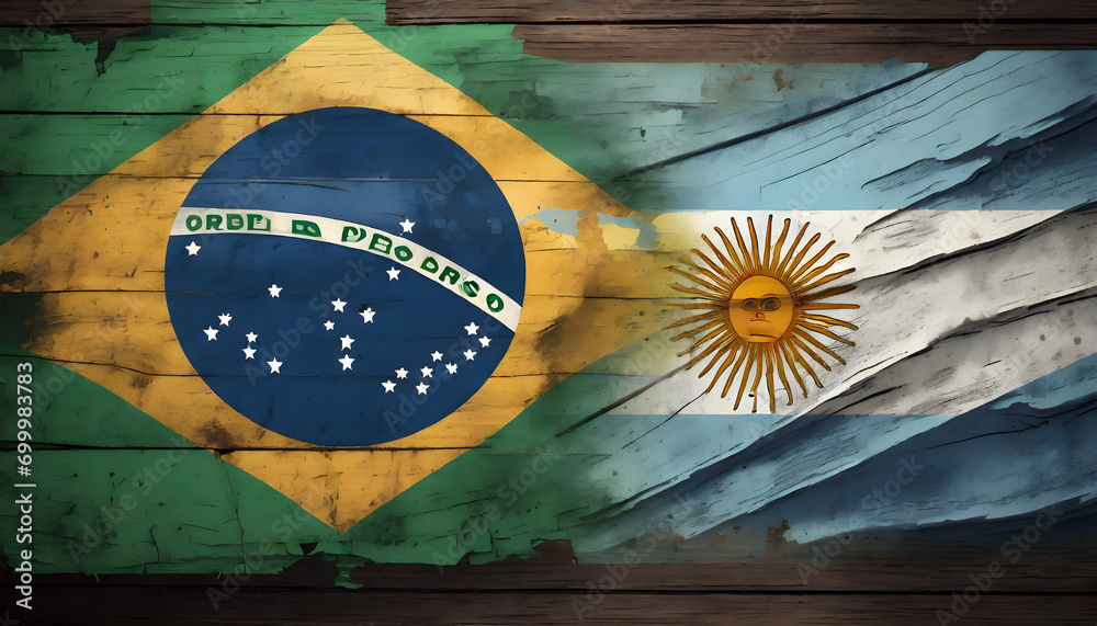 Brazil and Argentina Flag On old dark Wooden Background - obrazy, fototapety, plakaty 